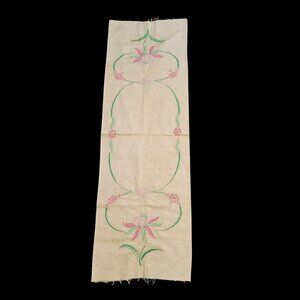Vintage Embroidered Linen Floral Table Runner Dresser Scarf Unfinished Edges